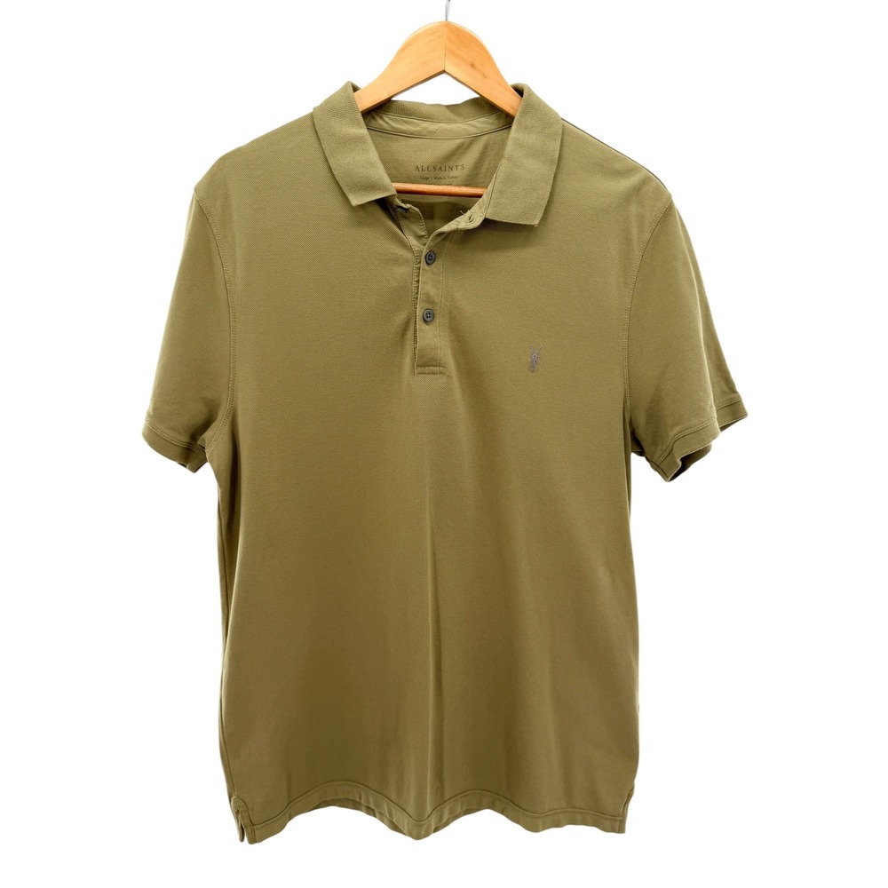 AllSaints Reform SS Polo Shirt Mens Large Olive Green Organic Cotton MD260Y